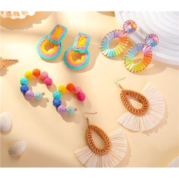 Amazon.com: Rattan Hoop Earrings for women – Boho Tassel  Women\'s Rattan Earrings Set Beaded Hoop Earrings  Boho Tassel Dangle Earrings